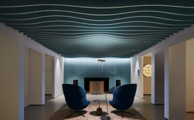 Ceiling baffles that reduce echo and control unwanted sound reflections.