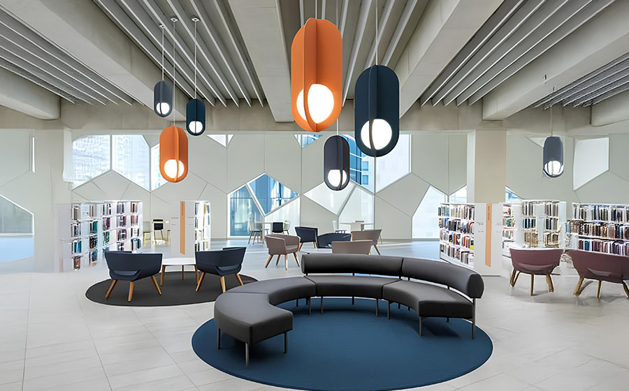 Acoustic lighting systems combining sound absorption with functional illumination.