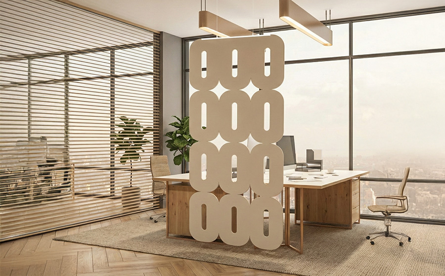 Freestanding acoustic partitions that help isolate sound within studio spaces.